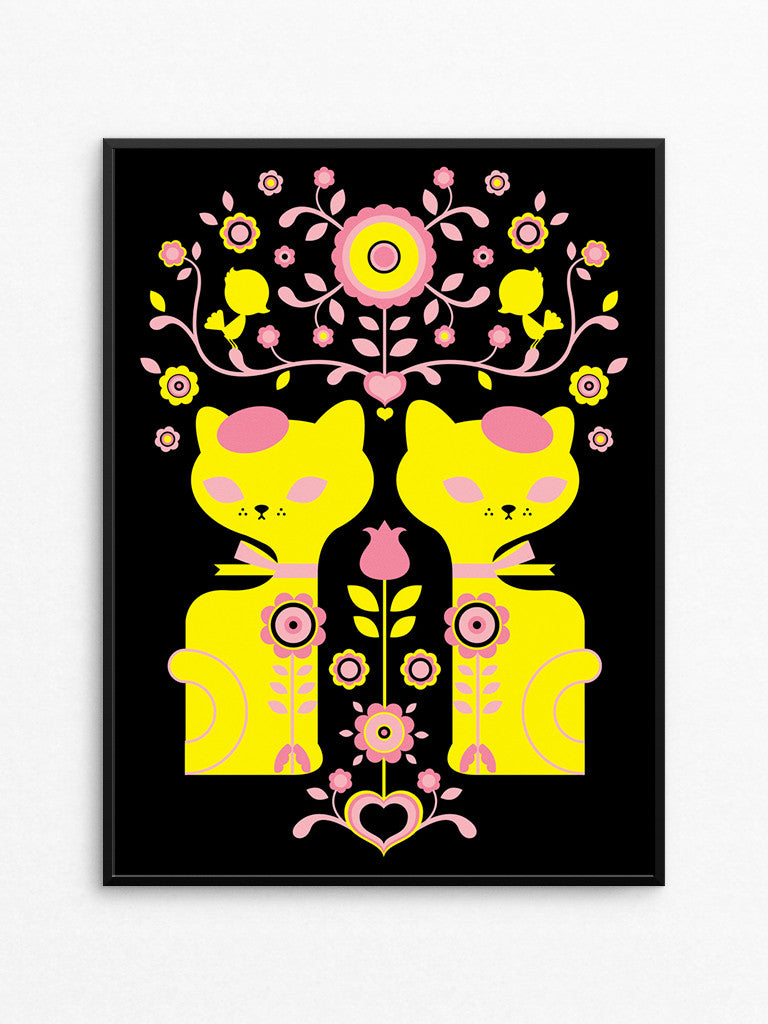 Double Dutch Cats Silkscreen Print / Sunrise Pink and Yellow