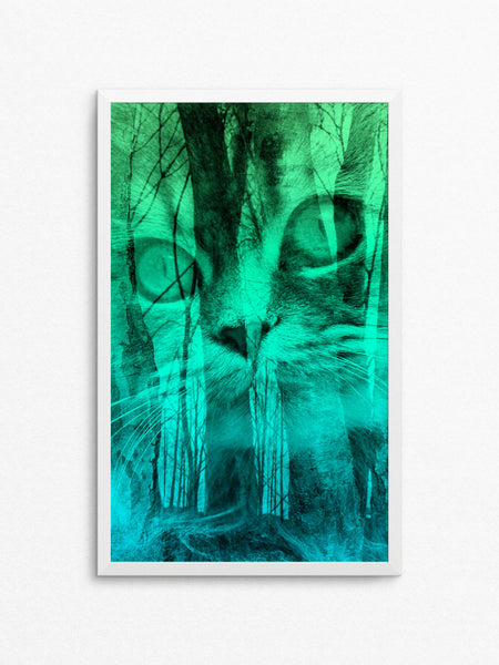 Forest Cat Archival Giclee Print / Moonrise Blue and Green