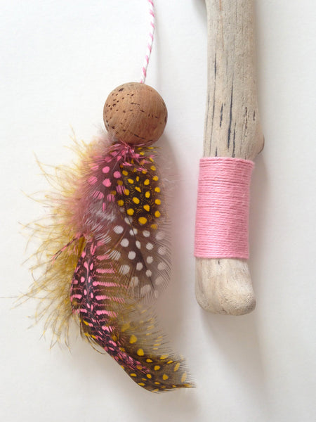 Driftwood Feather Wand Cat Toy / Sunrise Pink and Yellow