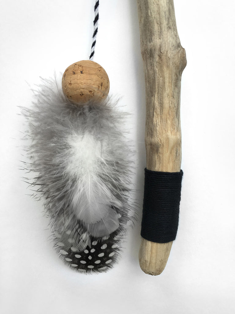 Driftwood Feather Wand Cat Toy / Minimalist Black and White / Pearl Guinea Hen