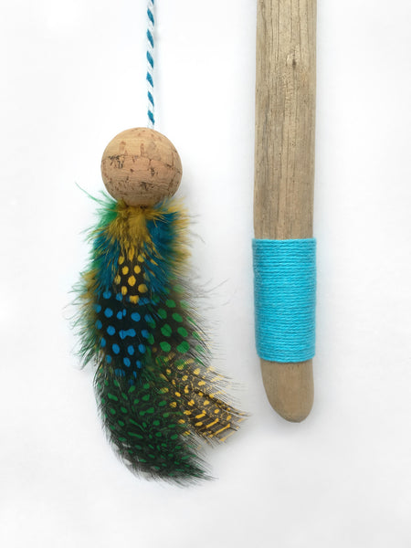 Driftwood Feather Wand Cat Toy / Moonrise Blue and Green