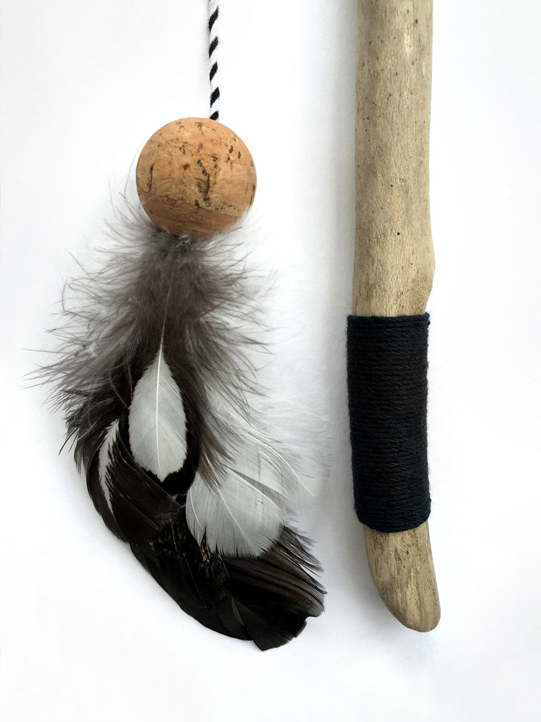 Driftwood Feather Wand Cat Toy / Minimalist Black and White / Silver Laced Wyandotte