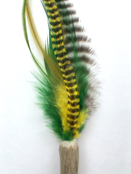 Mini Driftwood Feather Wand Cat Toy / Greens and Yellows